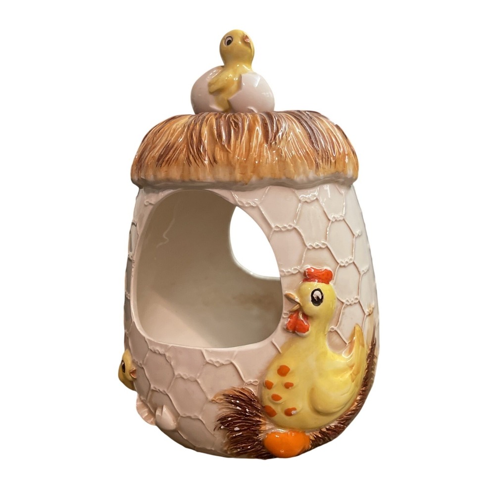 Vtg. Ceramic Chicken & Chic in Egg Hanging Planter with‎ Chain Sears 1976 Japan